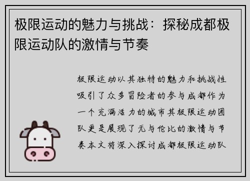 极限运动的魅力与挑战：探秘成都极限运动队的激情与节奏